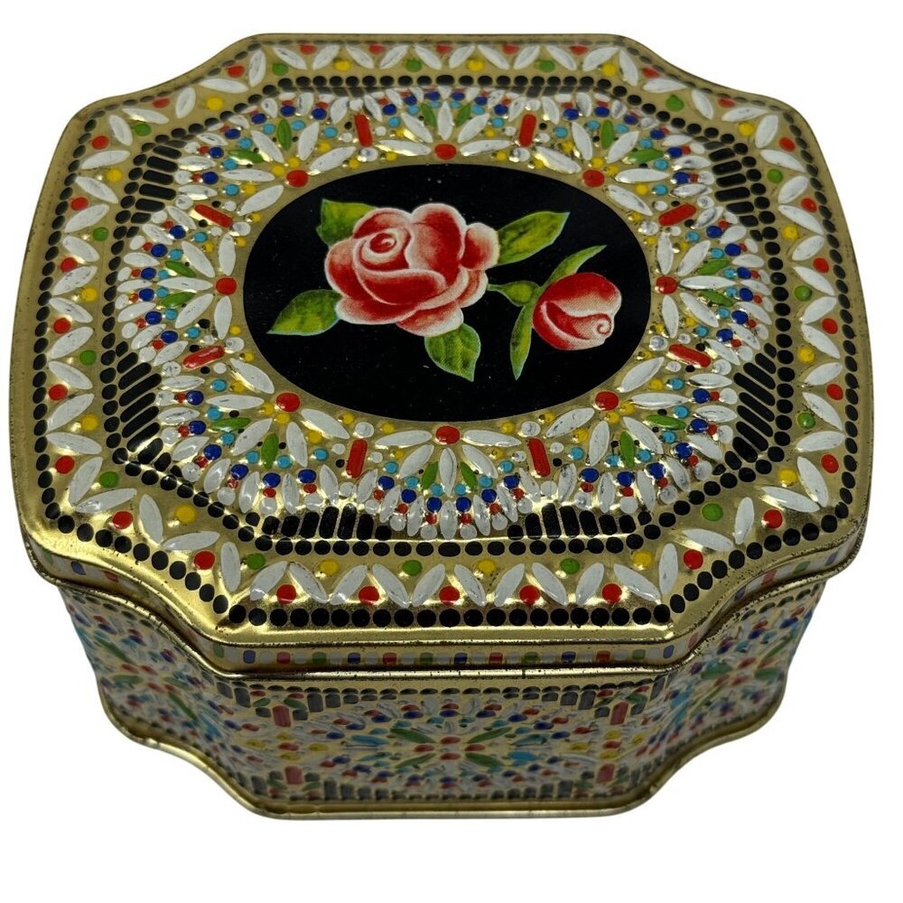 Vintage English Tin Enamel Trinket Box Rose Mosaic Hinged Lid Textured Gold
